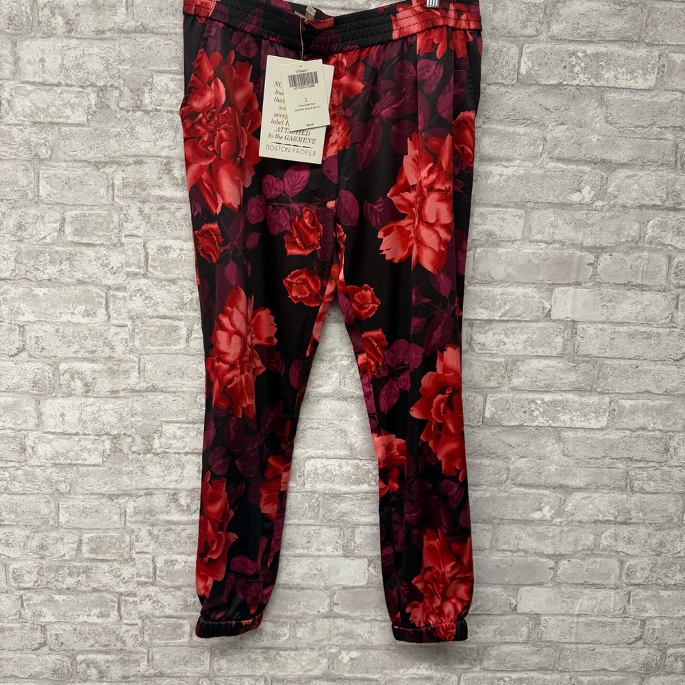 Boston Proper Floral Soft Pants Women’s Large Black and Red NWT